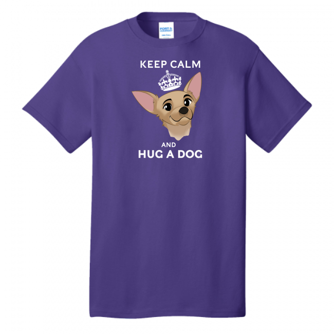 Purple T-Shirt with Keep Calm and Hug A Dog and Disney-esque Chihuahua with English Crown