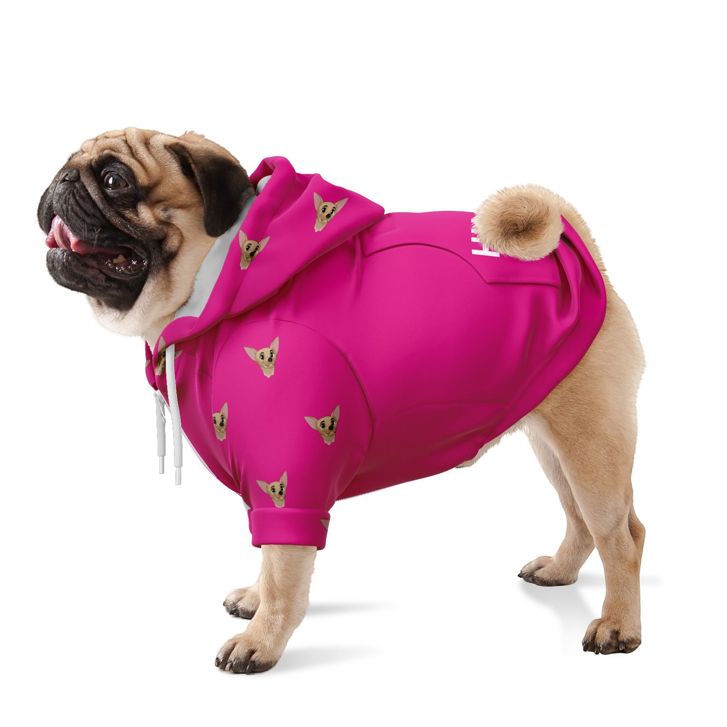 Pug wearing a hot pink fleece hoodie with a Disney-esque chihuahuh head printed on the sleeves and Keep Calm & Hug A Dog printed on the back.